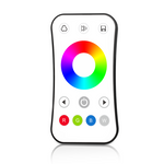 A white RF 2.4G RGB LED remote with a colorful touch wheel and buttons for various functions.