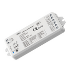 A white rectangular WiFi and RF controller with multiple connection ports and labels, designed for controlling LED strips.