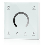 A white 4 zone touch panel with touch keys and a central color wheel for adjusting lighting zones.