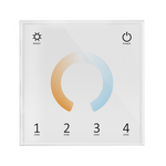 A white touch panel with a color wheel in the center and numbered touch keys below the wheel, indicating a 4-zone control interface for lighting.
