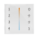 A white remote control panel with a colour temperature lime in the centre and touch keys labeled 1 to 4, with LED indicators around the edge.