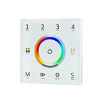A white remote control panel with a colour wheel in the centre and touch keys labeled 1 to 4, ZONE, ROUND, with LED indicators around the edge.