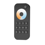 A black remote control with buttons for adjusting LED light settings, including brightness and color temperature.