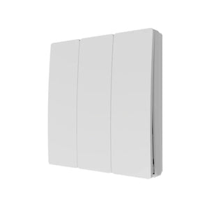 A white three gang wall-mounted light switch