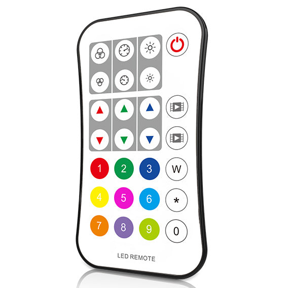 A remote control with a numeric keypad and colorful LED indicator lights, labeled as 'LED Remote'.