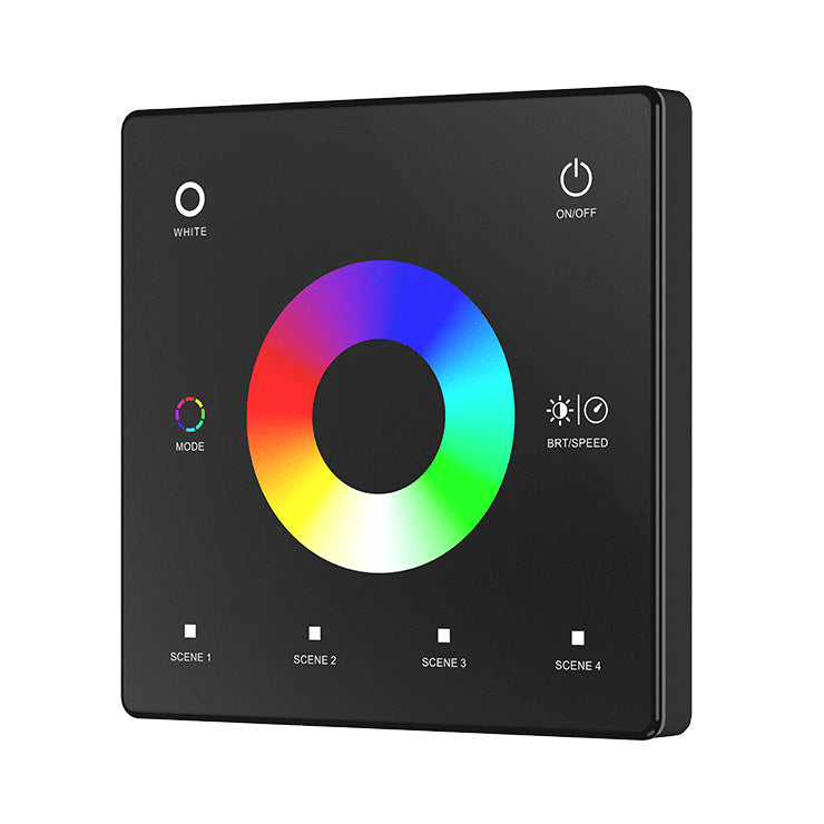 A black touch panel with a color wheel and touch keys for controlling RGB/RGBW LED lights.