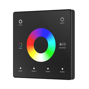 A black touch panel with a color wheel and touch keys for controlling RGB/RGBW LED lights.