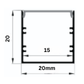 Surface mount profile with dimensions 20mm x 15mm on a white background