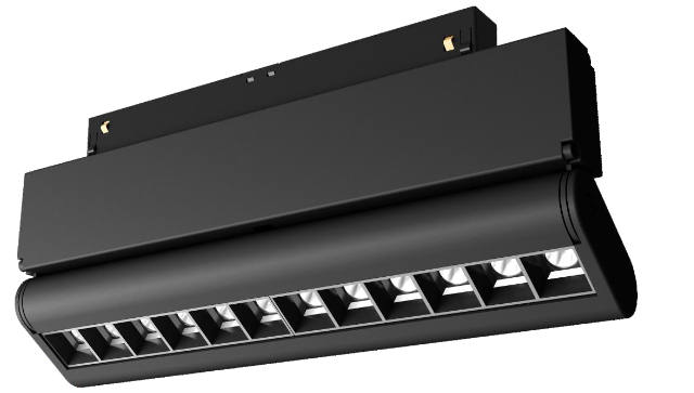 Black LED folding lamp for magnetic track with multiple illuminated segments.