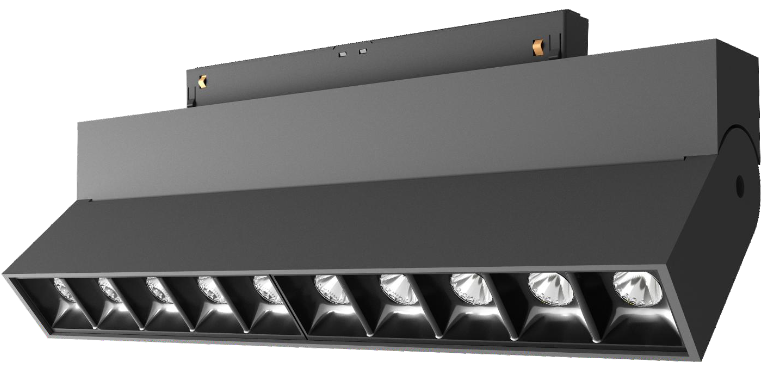 Black LED folding lamp for magnetic track lighting, with multiple light-emitting diodes on a track system.