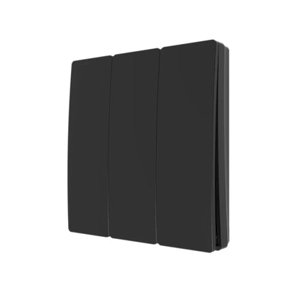 A black three gang wall-mounted light switch