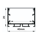 Technical drawing of a profile with dimensions 40mm by 20mm.