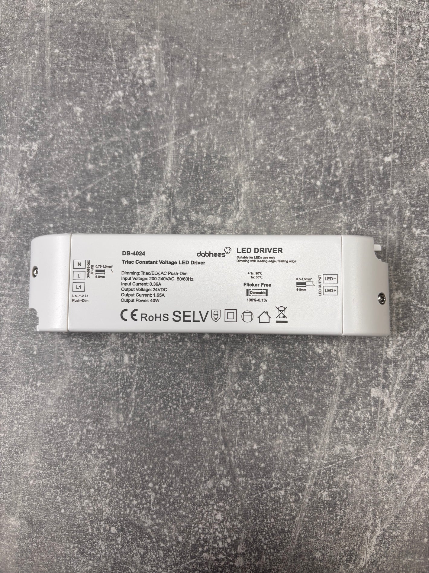 40W LED Triac driver on a textured gray surface. Dabhees own brand