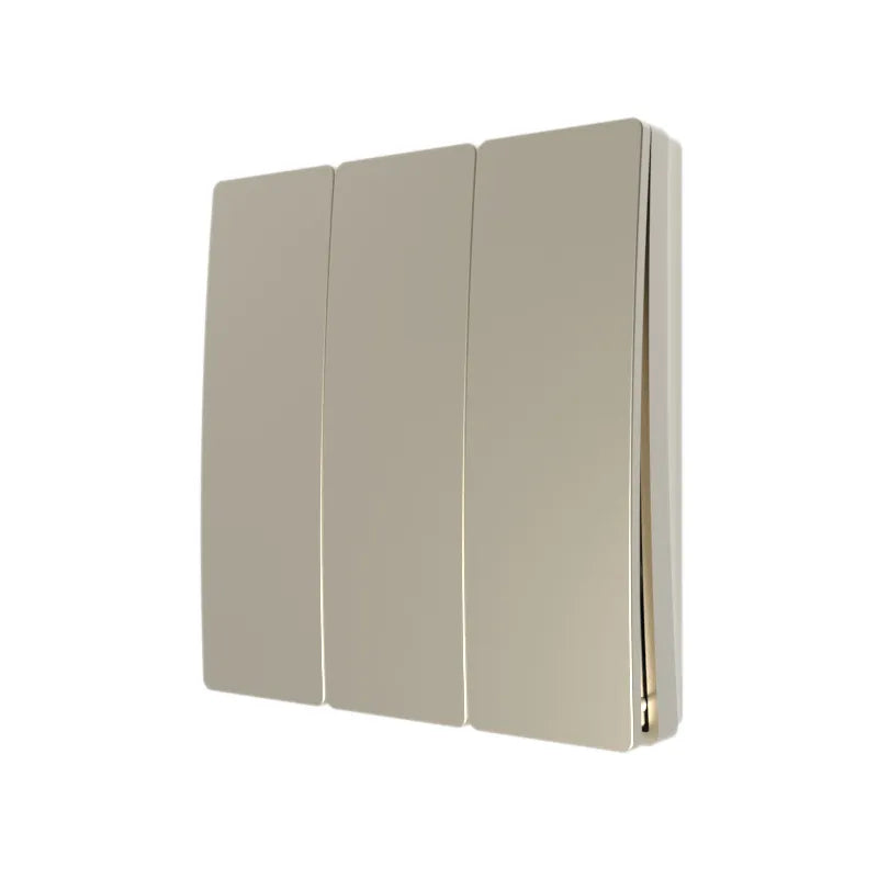 A gold, two-gang wall switch plate cover in a matte finish.