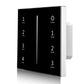 A black touch-sensitive slider control wall panel with numeric zone labels and function buttons, designed for dimming LED lights.
