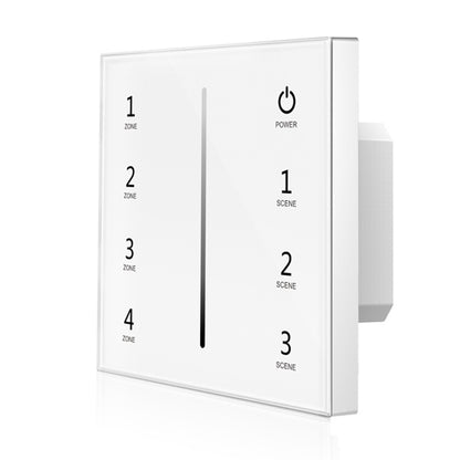 A white touch-sensitive slider control wall panel with numeric zone labels and function buttons, designed for dimming LED lights.
