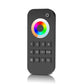 A black 4 Zone Universal Remote Control with a color wheel and numeric keypad.