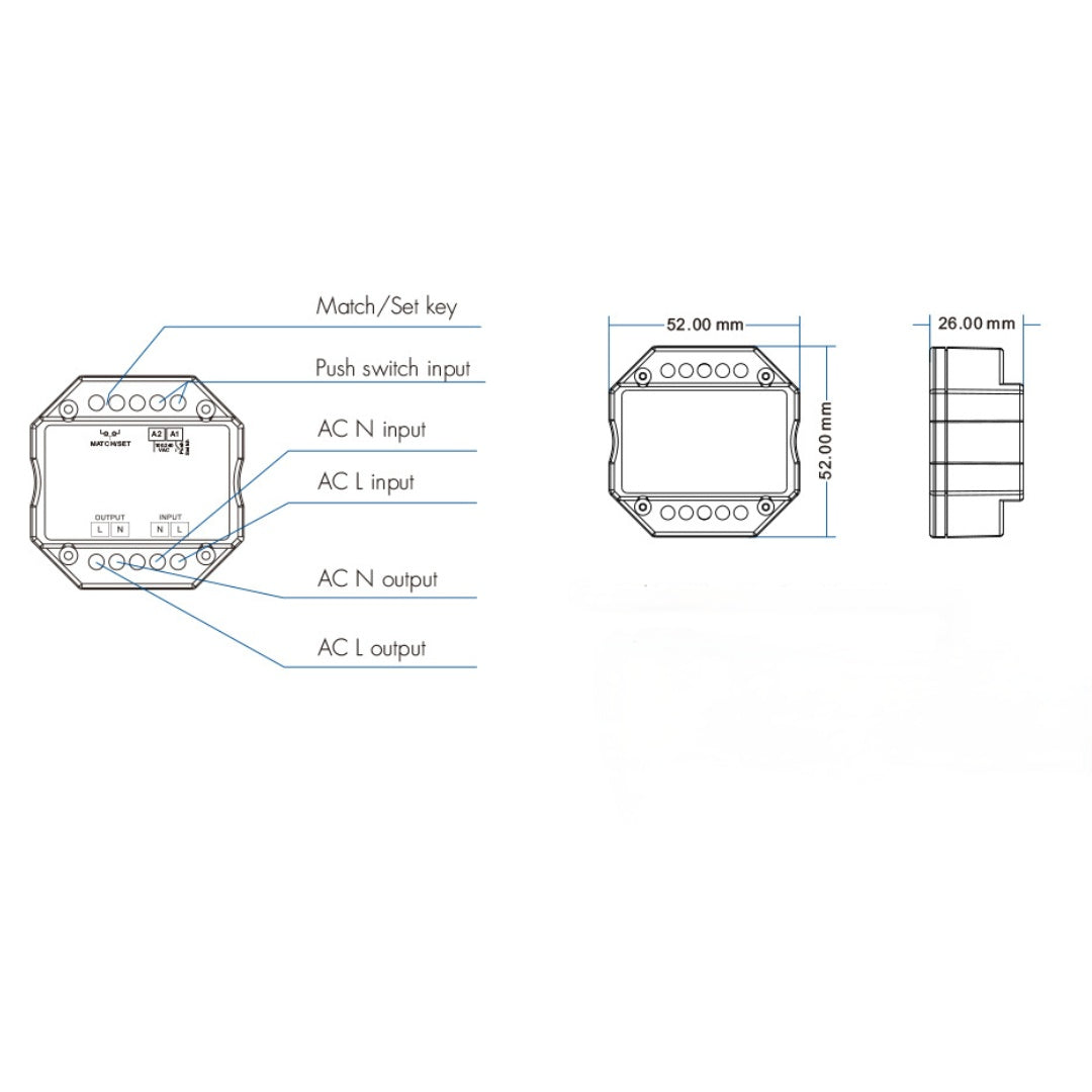 Front and side view line drawing of an LED Switch showing match/set key, push switch input, AC N input, AC L input, AC N output, AC L output