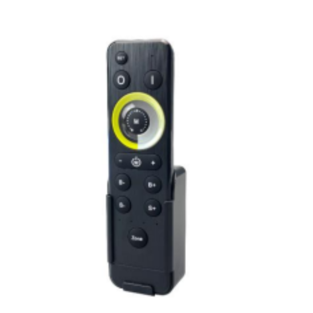 A black remote control with a central touch-sensitive dial and multiple buttons, designed for adjusting LED lights.