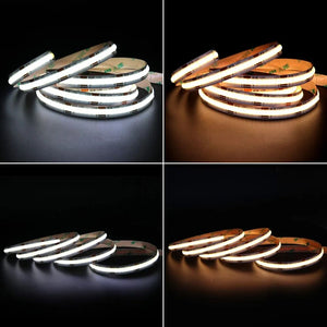 LED strip light shown in different color temperatures on a dark background