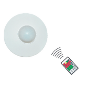 A white passive infrared sensor with a central sensing element and a wireless remote control with buttons for operating the sensor.