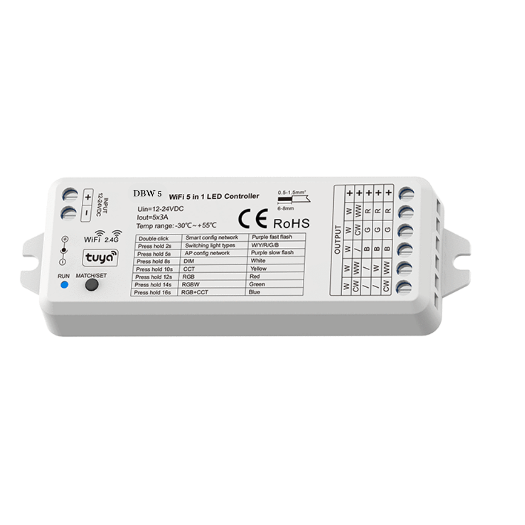 A white 5 channel WIFI & RF LED controller with specifications and branding printed on the front.