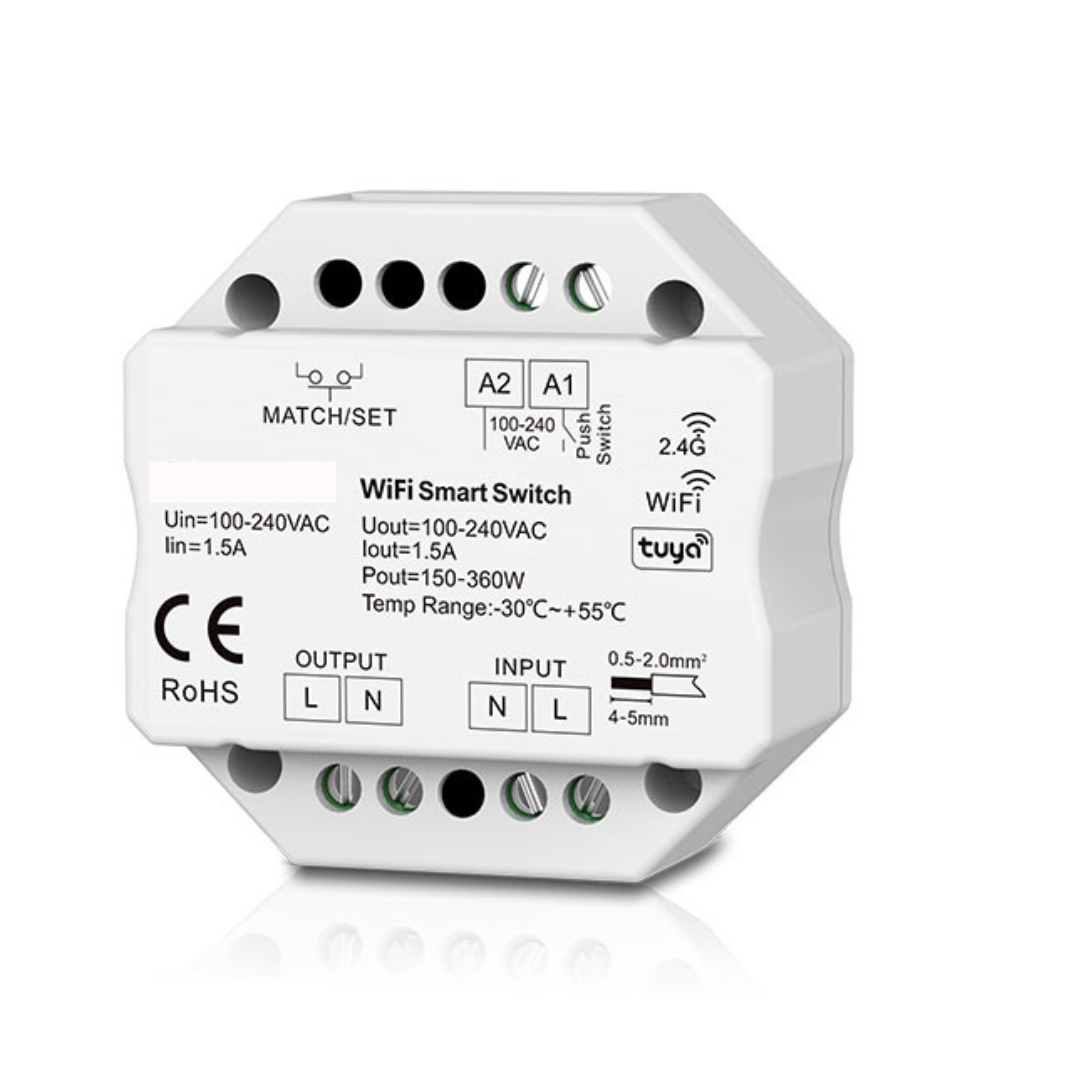 A white WIFI smart switch with multiple pins for AC power and a label indicating the brand TUYA.