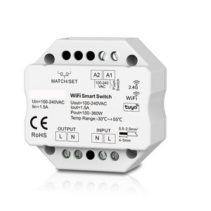 A white WIFI smart switch with multiple pins for AC power and a label indicating the brand TUYA.