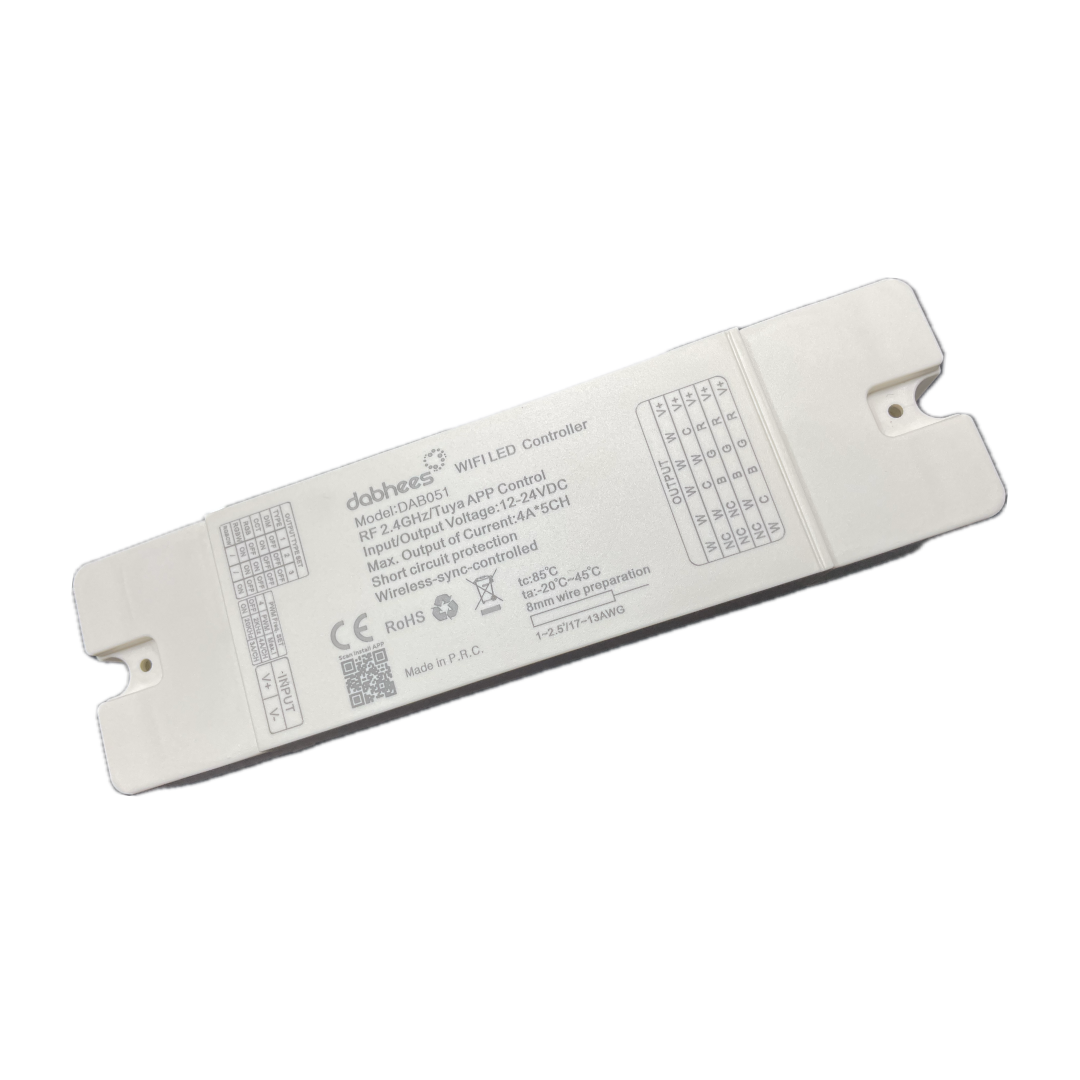 A white 6 channel WIFI controller with a label and specifications printed on it.