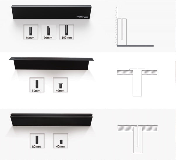 A black surface mount track for lighting fixtures, with a smooth and sleek finish.
