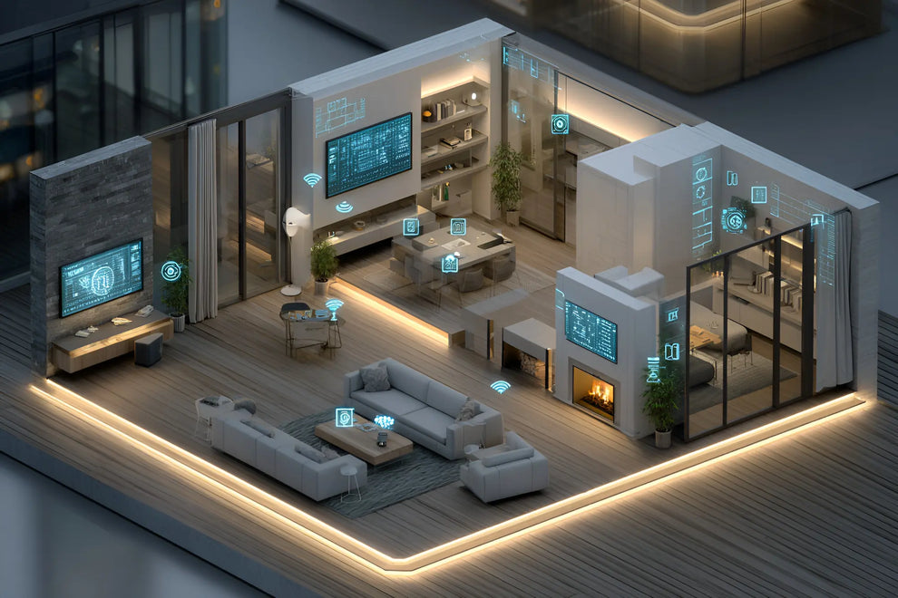 Modern living room with smart home displays and home automation interiors