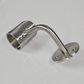 A brushed silver metal bracket with a cylindrical extension on one end, placed against a white background.