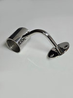 A silver metal bracket with a cylindrical extension on one end, placed against a white background.