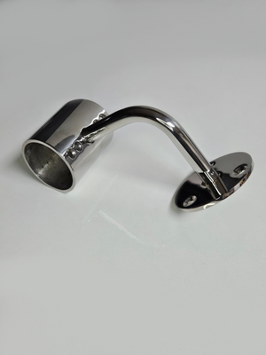 A silver metal bracket with a cylindrical extension on one end, placed against a white background.