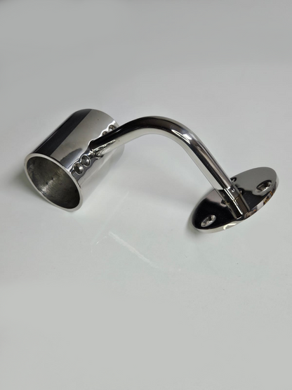 A silver metal bracket with a cylindrical extension on one end, placed against a white background.