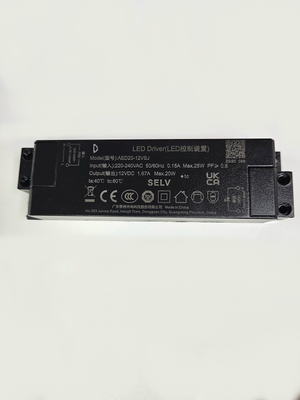 A black 12V 20W LED driver with terminal ends for input and output of LEDs, displaying various certification marks.