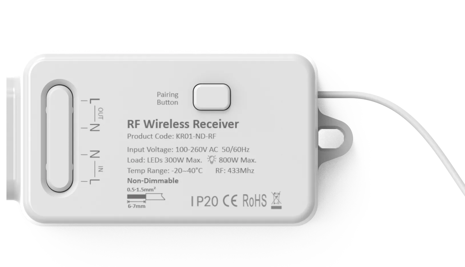 A white WIFI & RF wireless receiver with a label indicating the product information and connectivity details such as 'RF Wireless Receiver', '500W', '433MHz', and '0.5mA@500MHz'.