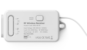 A white WIFI & RF wireless receiver with a label indicating the product information and connectivity details such as 'RF Wireless Receiver', '500W', '433MHz', and '0.5mA@500MHz'.