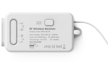 A white WIFI & RF wireless receiver with a label indicating the product information and connectivity details such as 'RF Wireless Receiver', '500W', '433MHz', and '0.5mA@500MHz'.