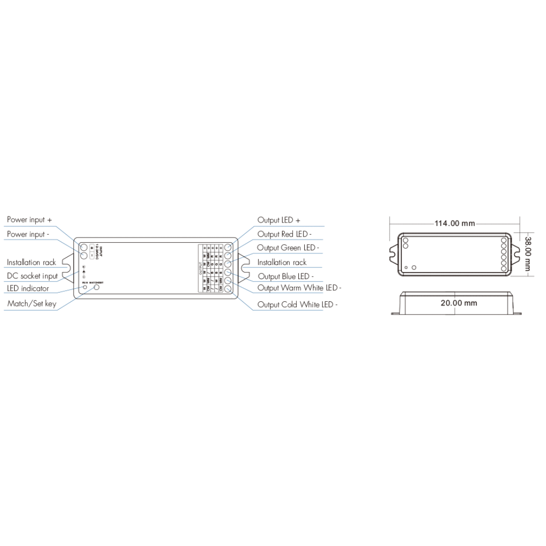 Front and side view line drawing of an LED lighting controller showing labeled terminals and mounting dimensions. The top view identifies power input (+ and –), installation rack, DC socket input, LED status indicator, Match/Set key, and output channels: LED + and separate LED – terminals for Red, Green, Blue, Warm White, and Cold White. The side view lists the enclosure size as 114 mm long, 38 mm wide, and 20 mm high.