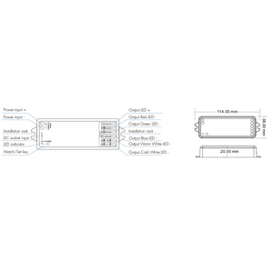 Front and side view line drawing of an LED lighting controller showing labeled terminals and mounting dimensions. The top view identifies power input (+ and –), installation rack, DC socket input, LED status indicator, Match/Set key, and output channels: LED + and separate LED – terminals for Red, Green, Blue, Warm White, and Cold White. The side view lists the enclosure size as 114 mm long, 38 mm wide, and 20 mm high.