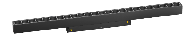 A black LED linear spotlight track for magnetic track lighting, showing a series of evenly spaced cutouts along its length.