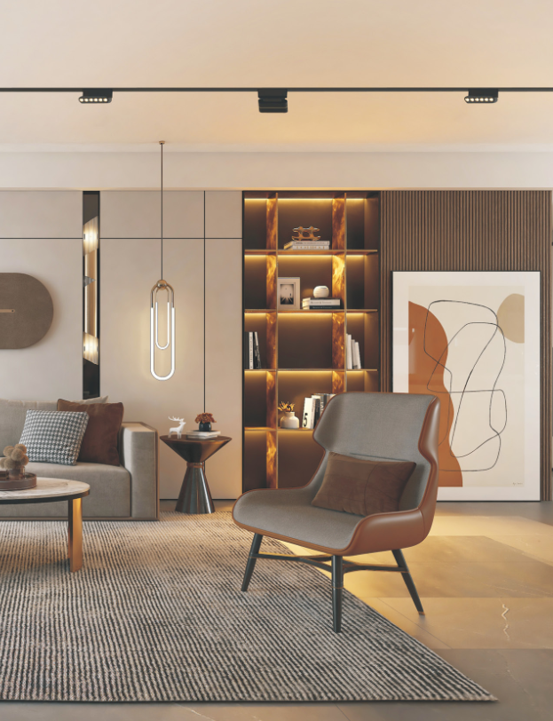 Modern living room with a track lighting fixture on the ceiling, a armchair, and a small round table with a lamp.