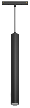 A black LED pendant light designed for a magnetic track, displaying a sleek cylindrical shape.
