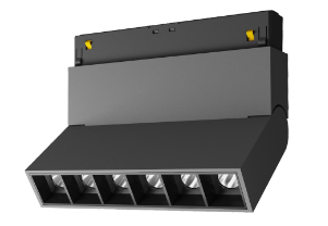 A black LED folding light for a magnetic track, featuring multiple light bulbs and designed for a 48V 20mm single circuit track.