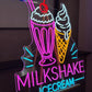 Neon sign with ice cream cone and text on a dark background