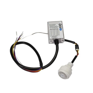 A passive infrared bi-level sensor with daylight harvesting capabilities, with wires and a white sensor head.