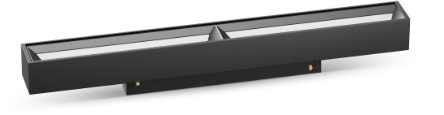 A black LED polarizing wall linear lamp designed for a magnetic track, shown in two different views.