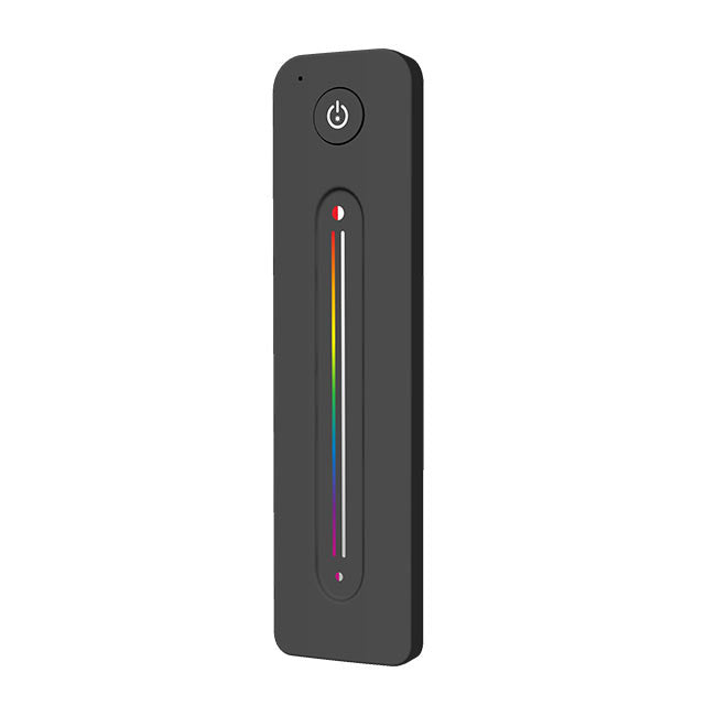 A black remote control with a colourful touch slide and a power button, designed for adjusting RGB+W LEDs.