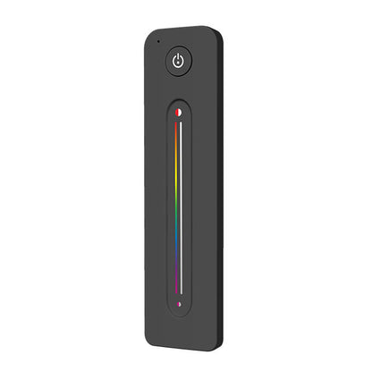 A black remote control with a colourful touch slide and a power button, designed for adjusting RGB+W LEDs.
